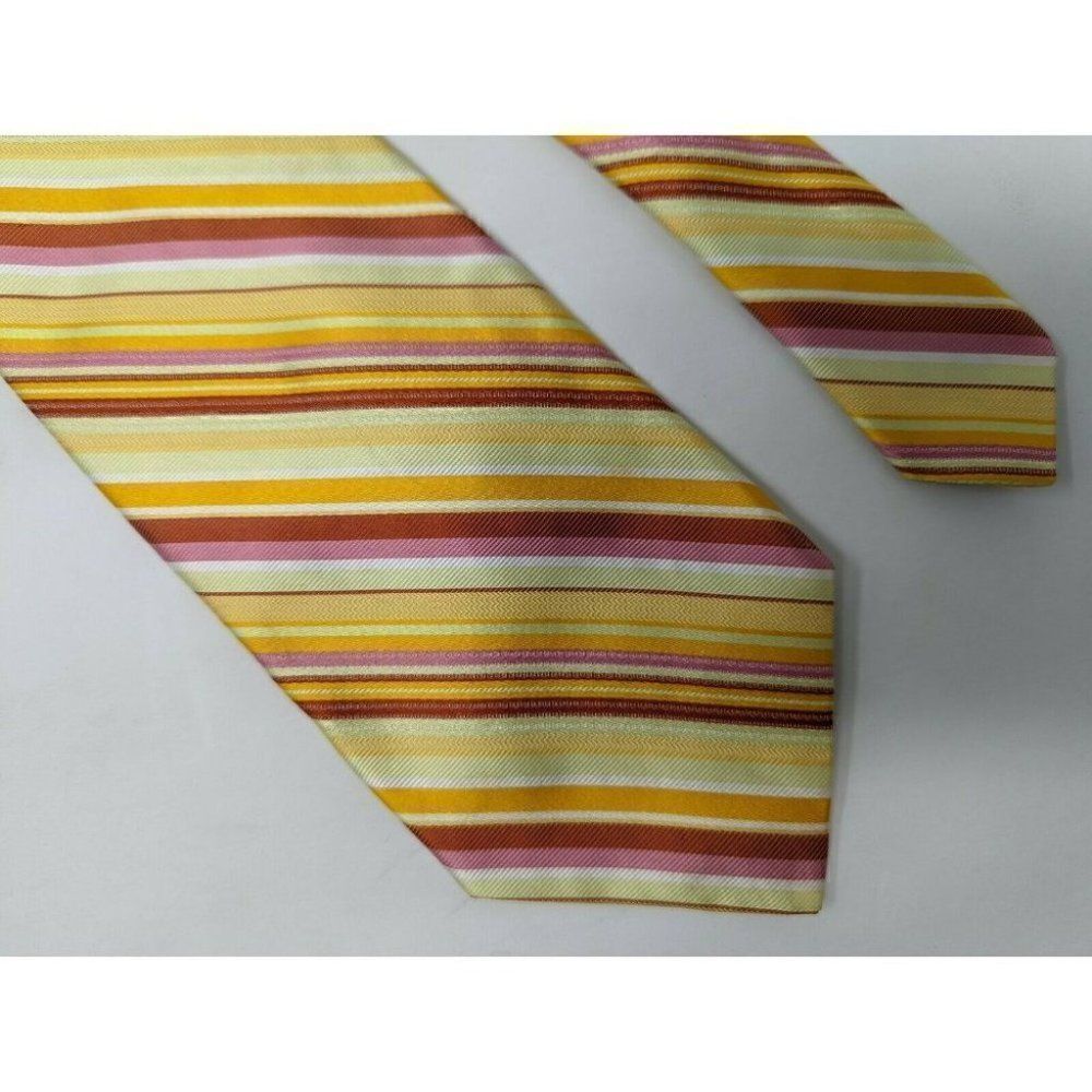 TED BAKER LONDON SILK TIE BRIGHT COLORFUL ORANGE RED YELLOW STRIPE 3.75"